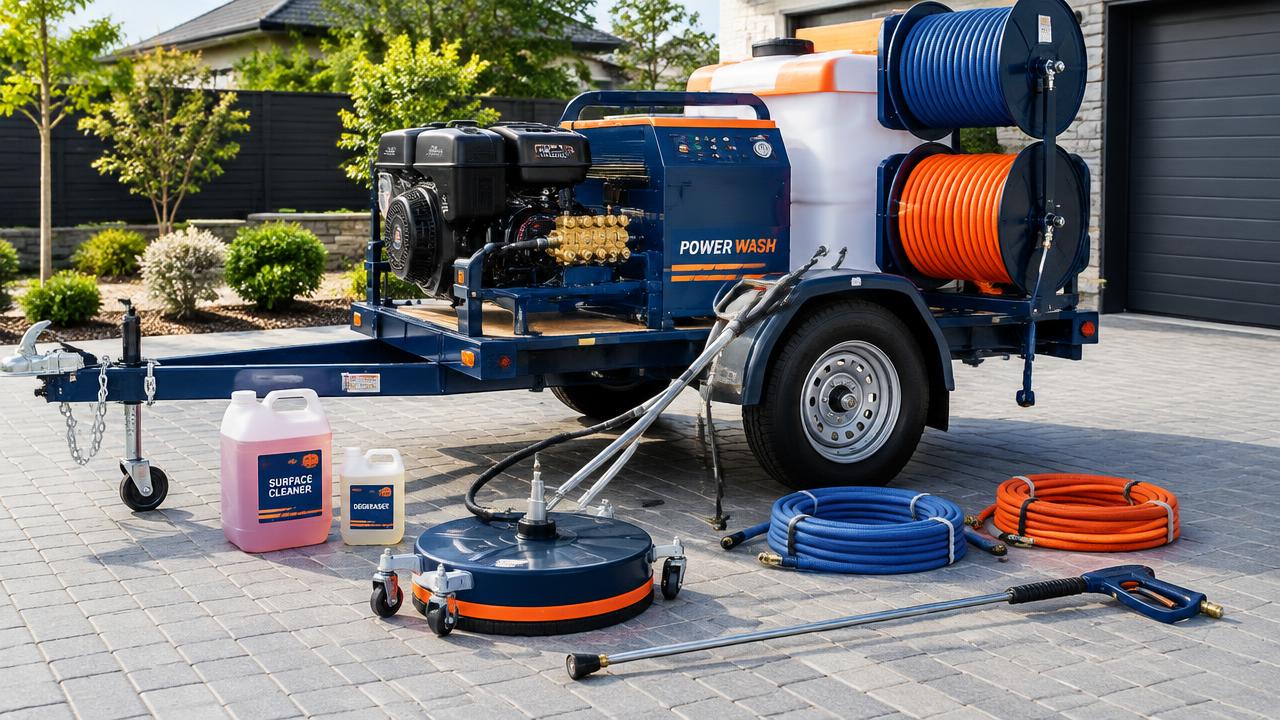 Wild Coast professional pressure cleaning equipment, trailer-mounted washer, hoses and chemical treatments